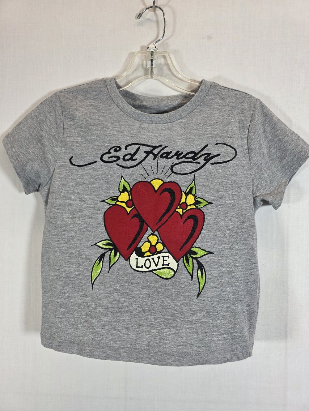 Ed Hardy Graphic Tee Medium Grey Tattoo Love Hearts Y2K Short Sleeve Shirt
